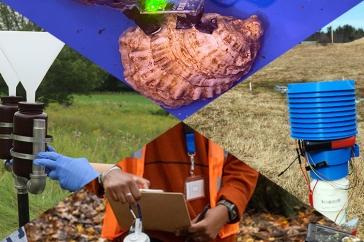 An image highlighting 4 CREATE projects: Shows an oyster with a biosensor, a collection device for water sampling, a woman holding a clipboard, and a sensor in the field.